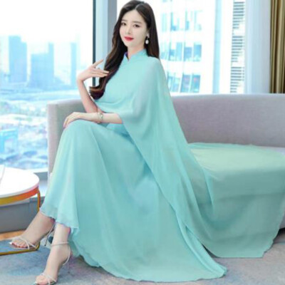 Lady Elegant Fake Two Pieces Cloak Long Dress Chiffon Pleated Chinese Dress  Thin | eBay