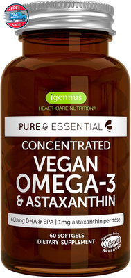 Pure & Essential Vegan Omega 3, High Concentration EPA DHA Algae Oil, Sustainab