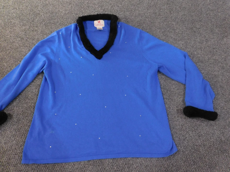 quacker factory sweater xl blue womens pullover knit v-neck beads stretch - Image 2 of 4