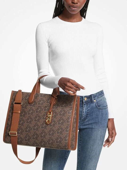 Совершенно новый Michael Kors Gigi большой логотип захват сумка с короткими ручками Дамская сумка сумка коричневый SignatureGold - Изображение 3 из 4