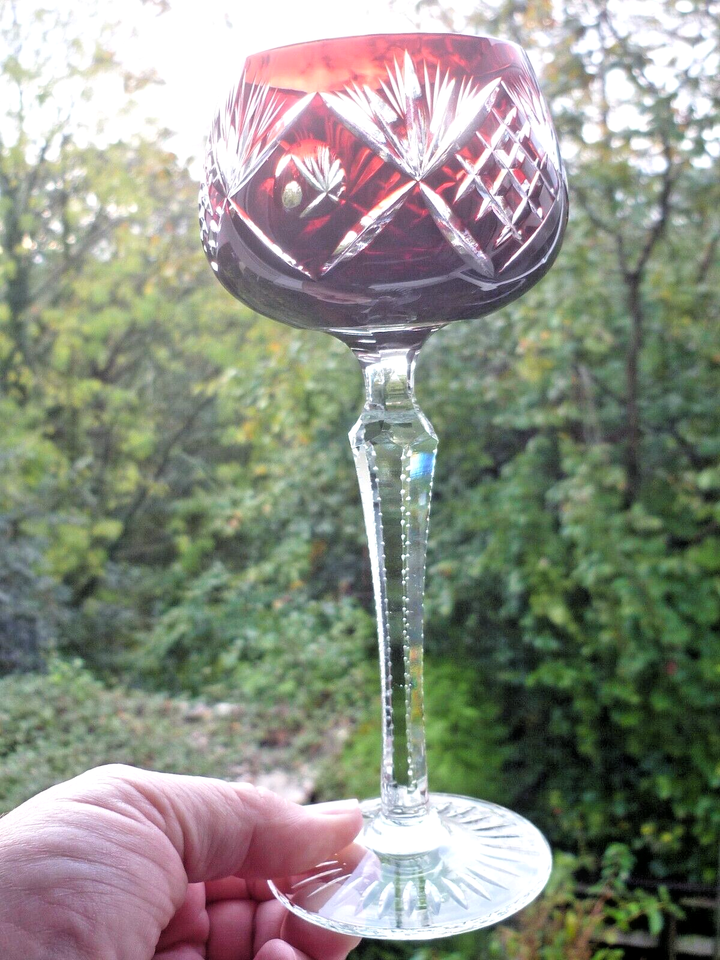 Set x3 Fine Quality Bohemian Coloured Hock Wine Glasses Cut To Clear