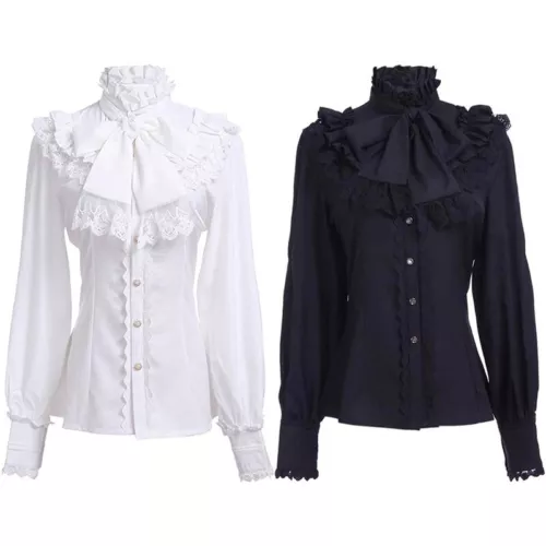 Ladies Shirt Ruffled Lace Top Victorian Blouse Bowknot Retro Gothic Chic Elegant - Bild 19 von 23