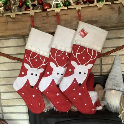 1 2008 Christmas Holiday Hanging Stocking Felt Deer Reindeer Long Red White