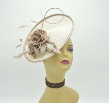 M8184 Ivory/Taup KentuckyDerby Church Wedding Easter TeaParty Sinamay Fascinator