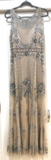 Adrianna Papell Vintage Style Beaded Sequined Maxi Gown Nude Beige Silver Sz 16