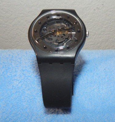SWATCH AG 2012 SILVER GLAM Skeleton Black Band 43mm Swiss Watch V8 V46 Running
