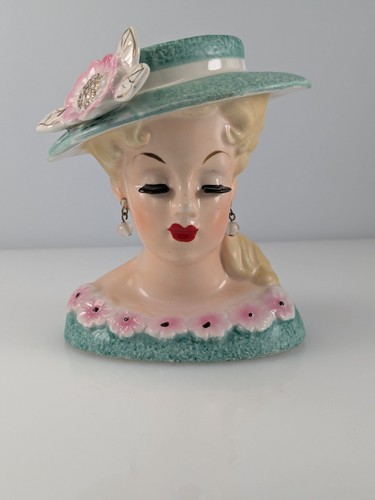 Vintage Lady Head Vase Rubens 498 Lime Dress Pink Flowers Lash Original Jewelry