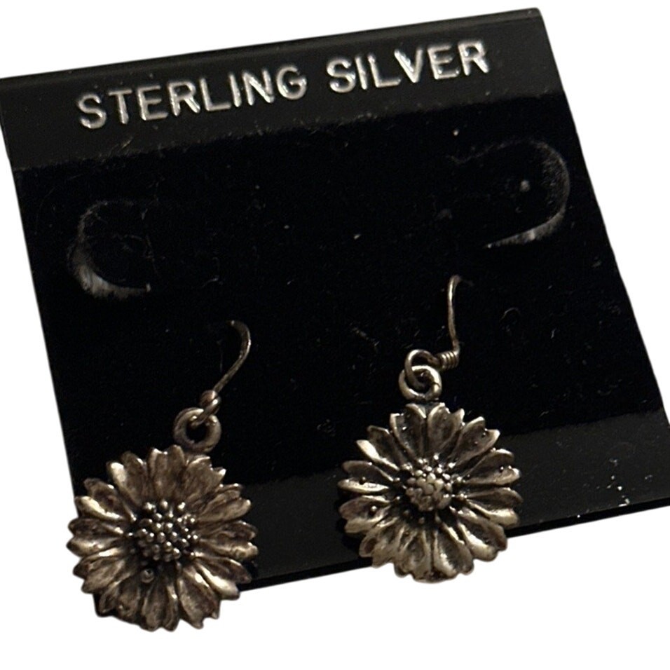 Daisy Sunflower Dangle Charm Earrings, Sterling Silver French Hook Ear Wire