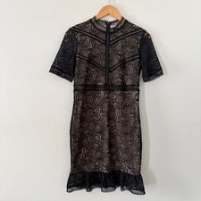 Bardot Theodora Black Lace Mock Neck Sheath Dress Short Sleeve Ruffle Hem US 8 M