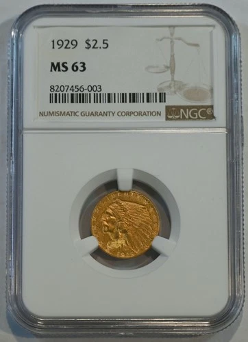 1929 Indian Gold Quarter Eagle $2.50 Coin NGC graded MS63 Free Shipping!!
