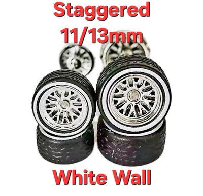 5 Sets BBS Chrome/White Wall Staggered 11/13mm Rims & Real Rider Rubber Tires