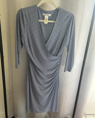 Laundry by Design Blue White Geometric Wrap Dress V-Neck 3/4 Sleeve 8