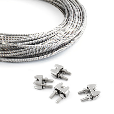 5m - 200m V4A SET DRAHTSEIL EDELSTAHL+ 4 Klemmen INOX 7x7 7x19 SEIL Bügel Draht