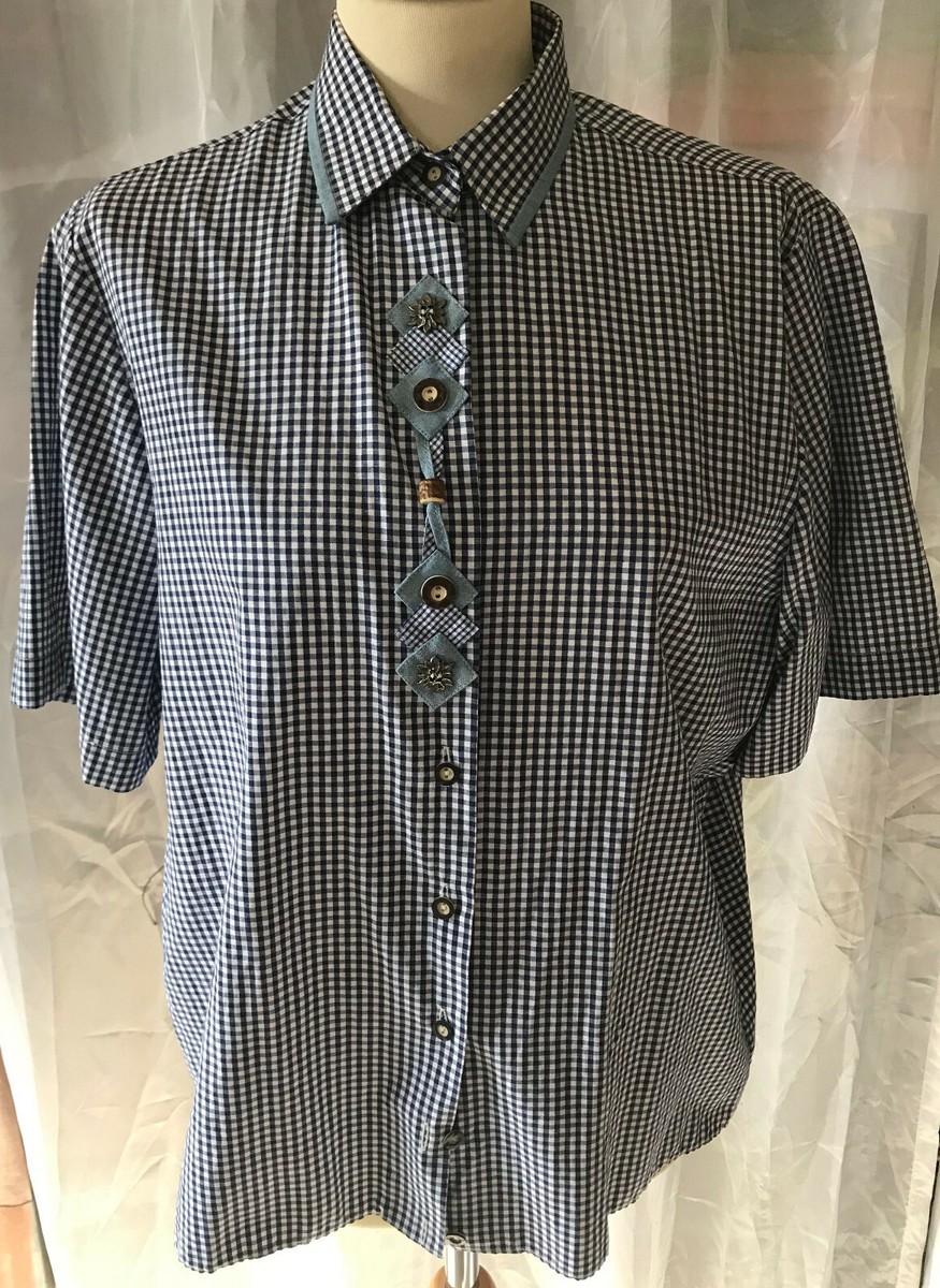 NOBLESSE Zeitlose Damen Folklore Bluse Gr 38 Blau Weiß Kariert