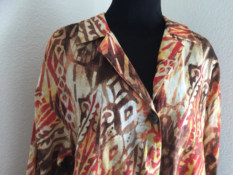 Linen Ikat Top Orange Brown Yellow Unlined JONES NEW YORK Shirt Jacket Size XS - Image 2 of 4