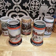 Lot of 5 Vintage Budweiser 3D And Christmas Beer Steins