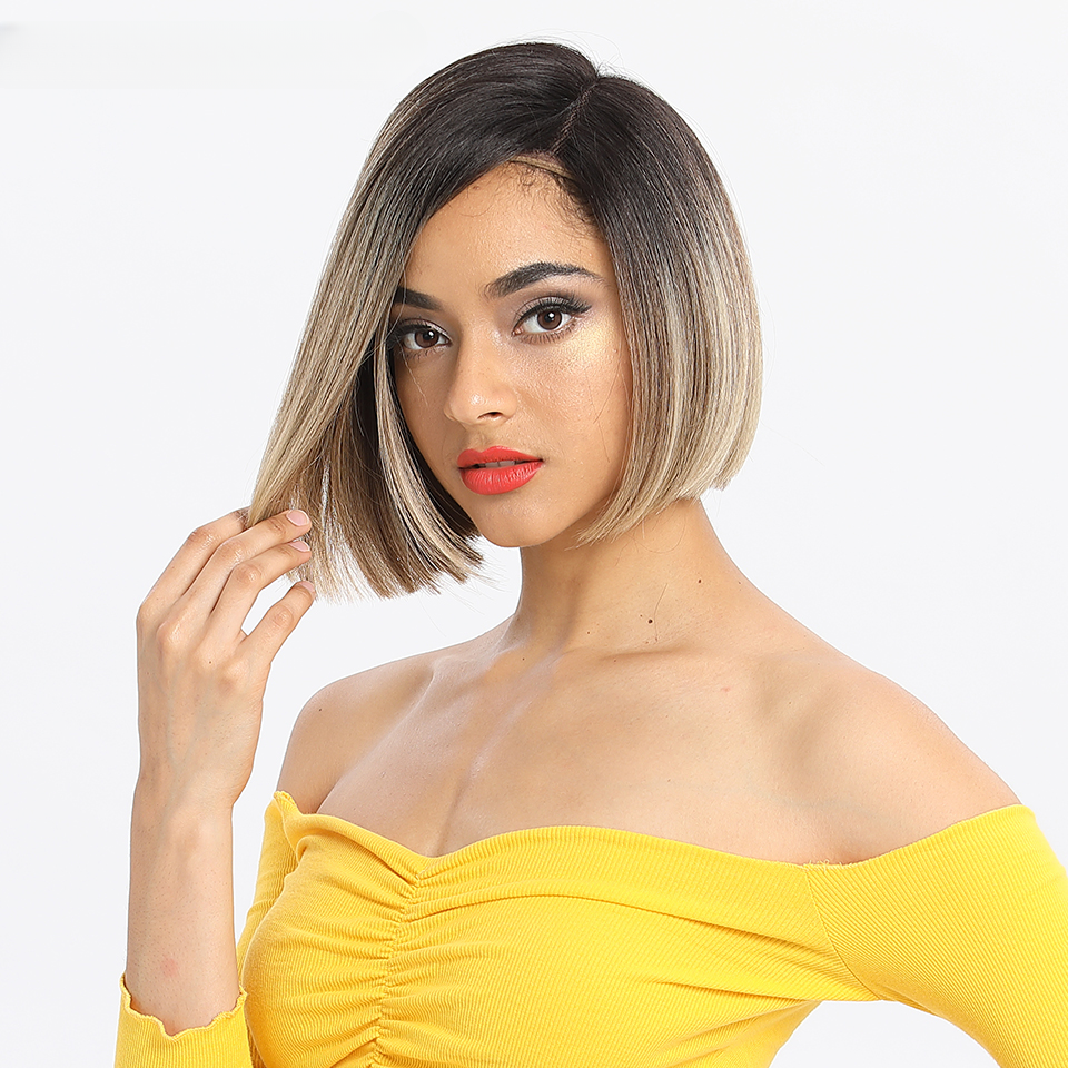 Short Straight Wigs Black Women Dark Roots Brown Synthetic Natural - Main Image