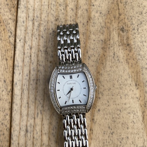 Mary Kay Crystal Embellished Bezel Silver Tone Ladies Watch Cream Dial