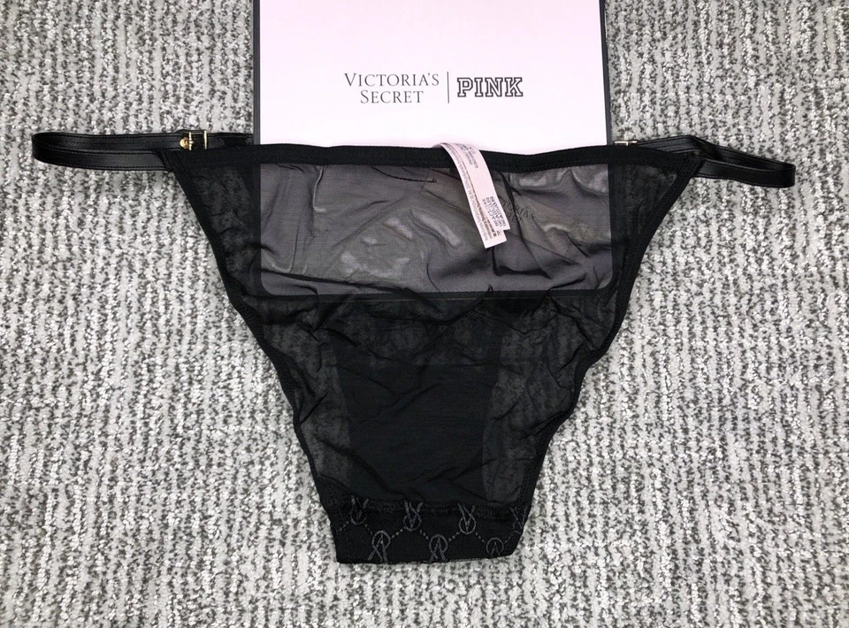 Victoria's Secret 全新带标签中号黑色字符串比基尼内裤人造皮革标志网眼布 — 第 2/4 张图片