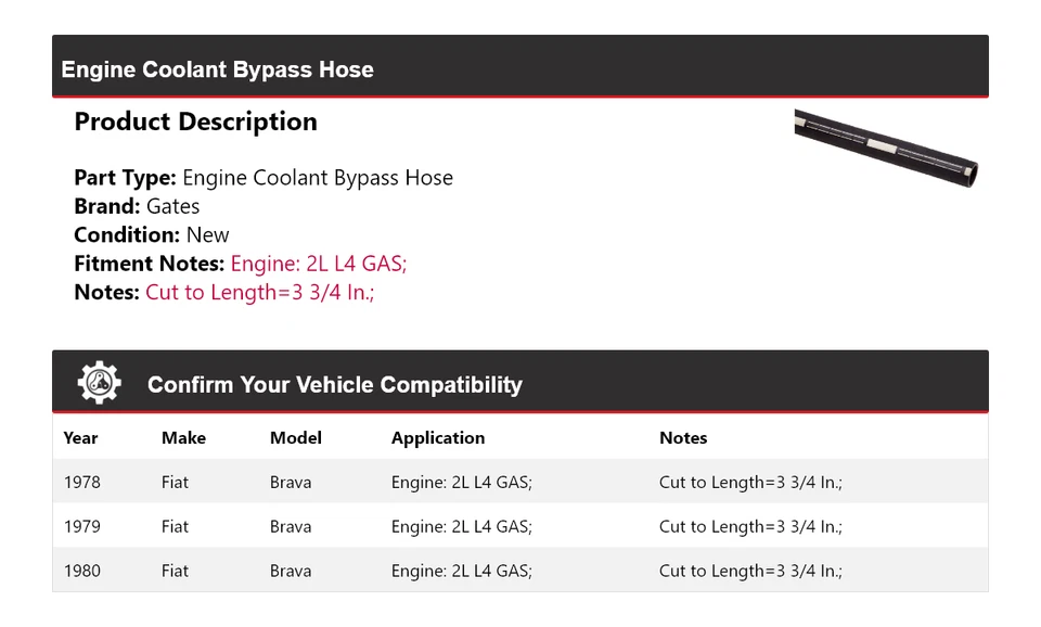 Para Fiat Brava 1978-1980 2L L4 Motor Gas Refrigerante Bypass Manguera Puertas 1979 Foto 2 de 4