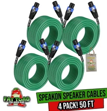 50FT Speakon Plug Speaker Cables |  DJ Pro Audio PA Stage Cords 12 AWG Wires