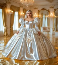 Ball Gown Wedding Dress Flowers Historical Bustle Victorian Bridal Dress Puffy