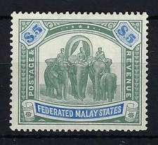 MALAYA FMS SG50 1908 $5 GREEN & BLUE MTD MINT (d)