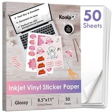 Koala Printable Vinyl Sticker Paper for Inkjet Printer - 50 Sheets White Glos...