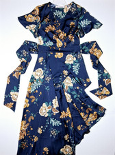 JJs House Dress Floral Print V-Neck A-line Satin Midi Dresses 52" Long Size SM