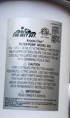 POOL FILTER-PUMP model 603 110-120V above ground INTEX Wet Set Krystal Clear 