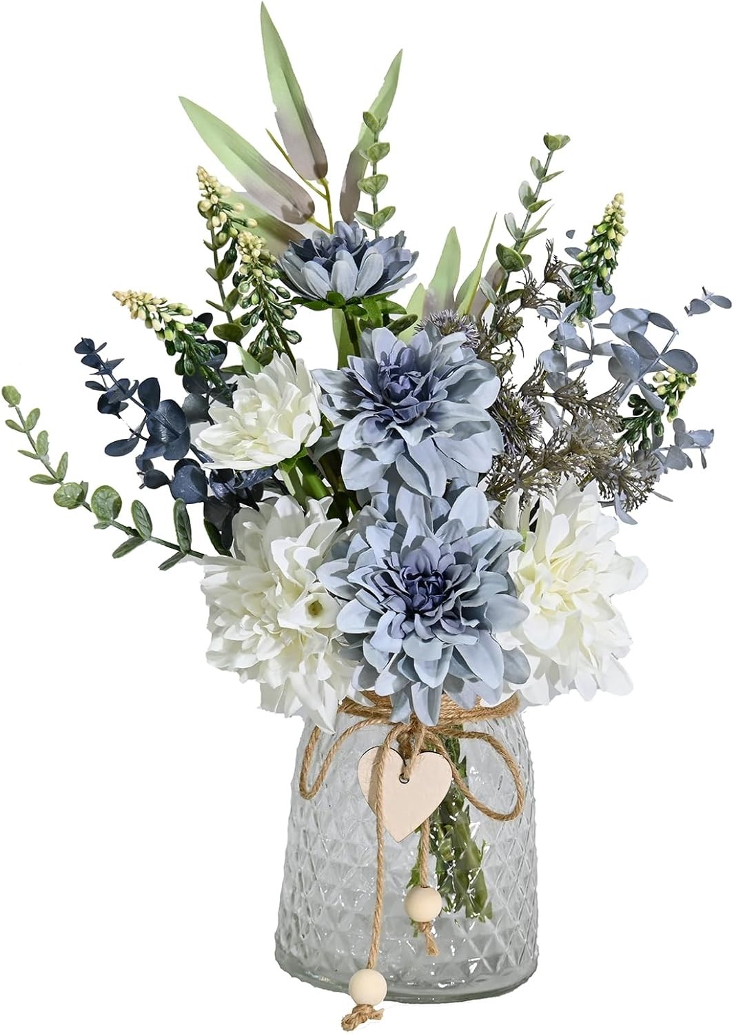 Artificial Flowers with Vase, Faux Dahlia Flower Arrangement in Glass Vase, Blu