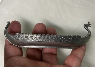 Vintage Salt Dip Cellar HANDSTOPT TPB TINN Pewter NORGE Viking Ship Dish