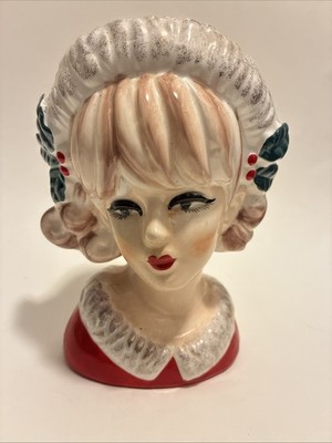Vintage Christmas Holiday Lady Holly Head Vase Planter Napco Napcoware Style