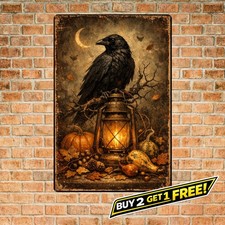 Halloween Pumpkin Black Cat Rustic Wall Decor 8x12 Tin Metal Sign
