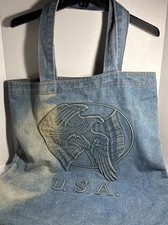 Vintage Denim Eagle Bag Shoulder Tote USA Made Embossed 100% Cotton Faded