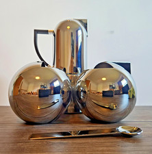 OLIVER HEMMING NIO SIX CUP STOVE TOP COFFEE MAKER, MILK JUG, SUGAR BOWL & SPOON.