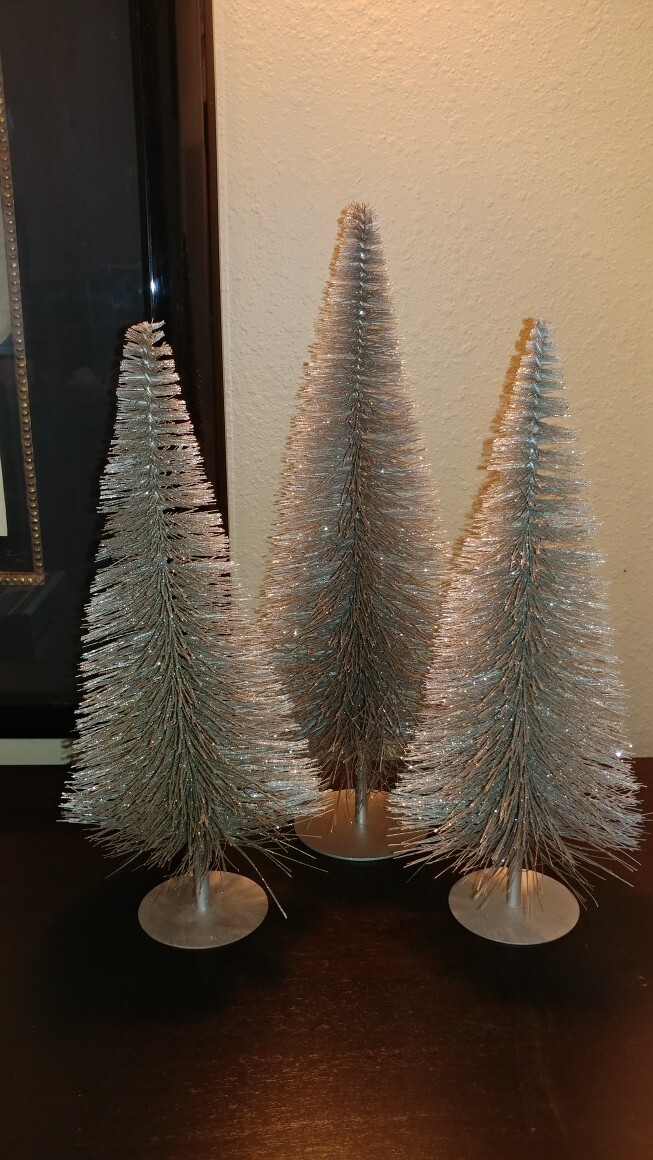 Crate & Barrel 3 Silver Brush Glittered Christmas Trees | eBay