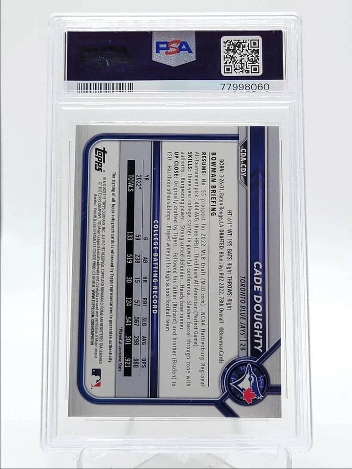 CADE DOUGHTY 2022 BOWMAN CHROME DRAFT 1ST GREEN AUTO #54/99 PSA 10 - Image 2 of 2