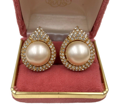 GORGEOUS CINER RARE VINTAGE EARRINGS GLASS FX PEARLS PAVED CRYSTAL HIGHKARAT PLT