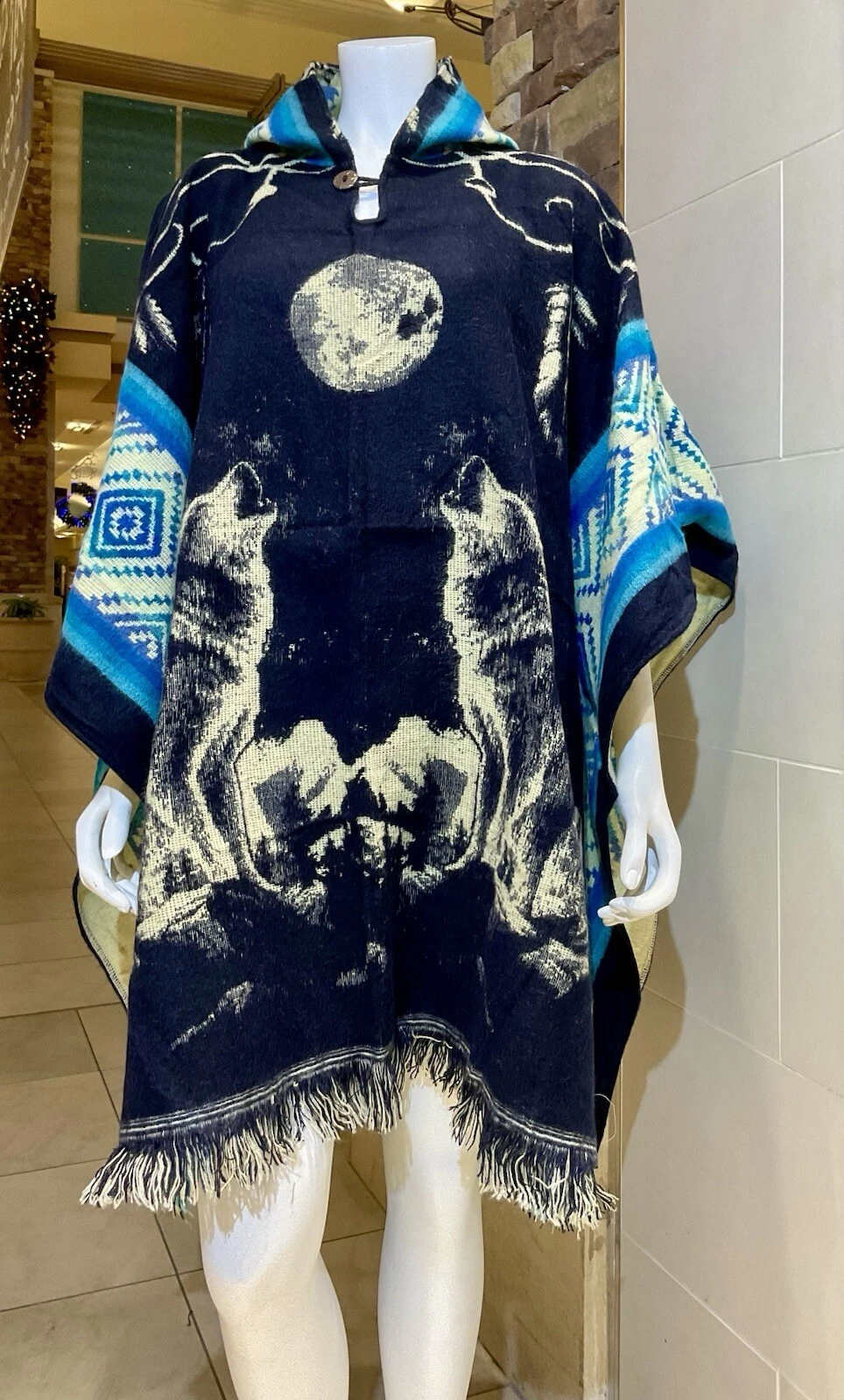 HANDMADE ALPACA WOOL PONCHO, Wolves With Moon, Soft And Warm, Made In Ecuador