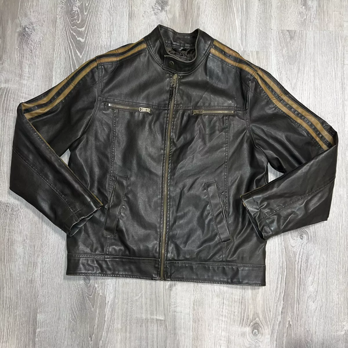Arizona 1988 Men's Faux Leather Bomber Jacket Size L Brown Striped Full Zip Arizona 1988 Men's Faux Leather Bomber Jacket Size L Brown Striped Full Zip