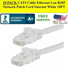 10 PACK CAT6 Cable Ethernet Lan RJ45 Network Patch Cord Internet WHITE 10FT