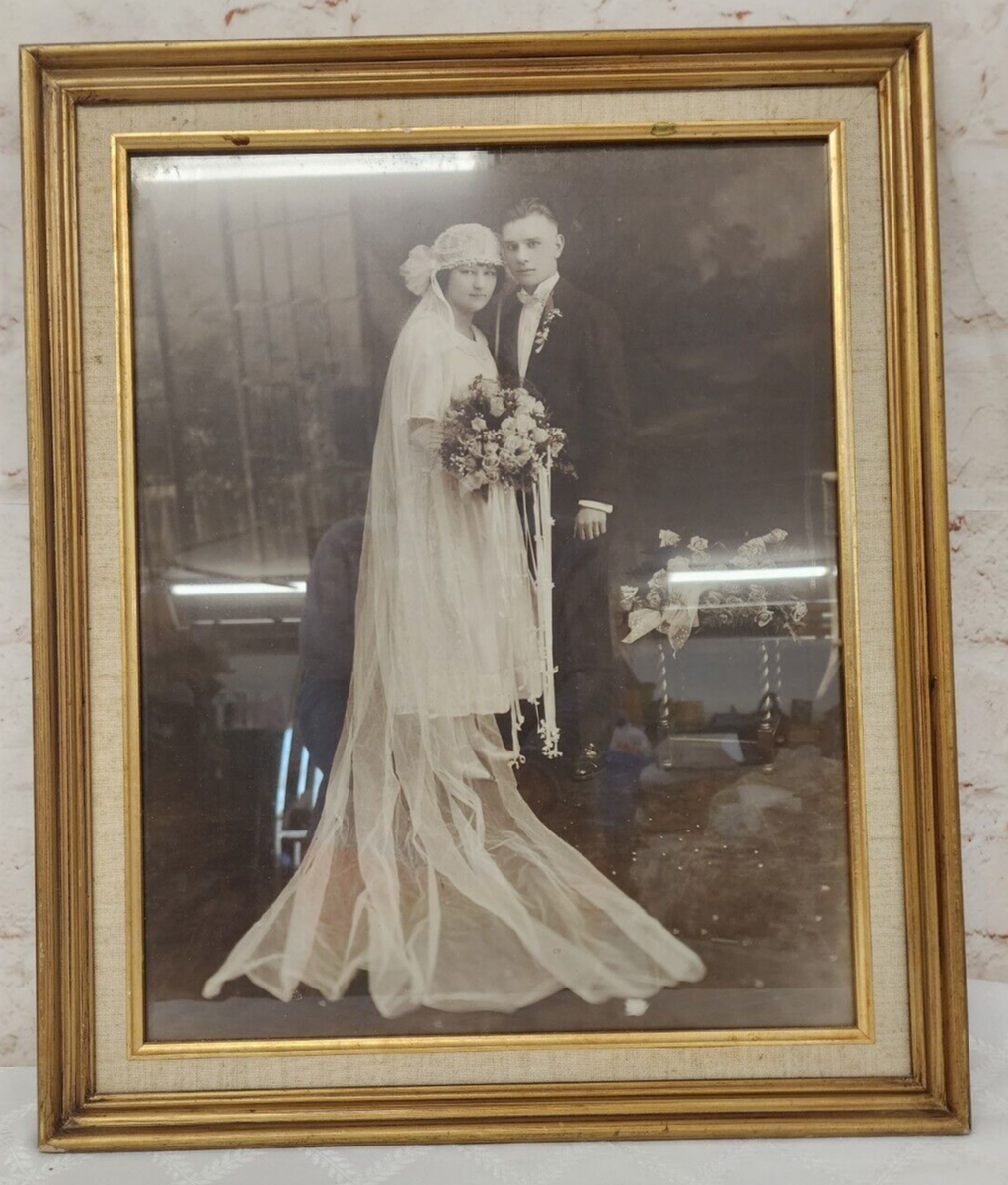 Antique Wedding Photo Circa Early 20th Century in Gold Frame