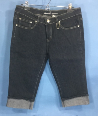 TOUCH ME EMBELISHED JEAN CAPRI Pants Womens Low Rise Cuffed Stretch Blue Size 14