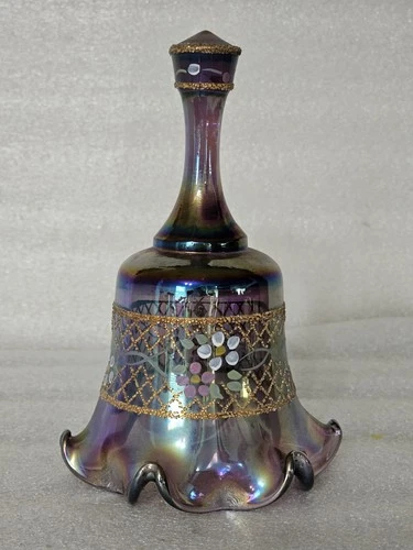 Fenton Hand Painted Plum Carnival Glass Bell, Crimp Edge 7" Vintage SIGNED