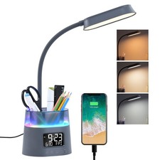 LED Desk Lamp Charging Station Pen Holder Clock RGB Night Light Gray