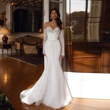 Simple Mermaid Satin Wedding Dress Sexy Long Lace Sleeve Sweep Train Bride Gown