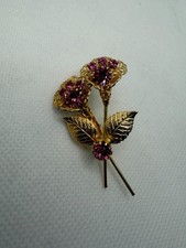 Vintage Gold Tone Pink Rhinestone Floral Brooch, Pretty MCM Filigree Bouquet Pin