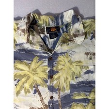 Route 66 Mens Large Tropical Palm Tree Rayon Button Down Aloha Shirt Blue Yellow