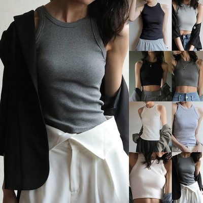 Damen Ärmellos Neckholder Top Trägershirt Gerippt Rundhals für freizeit Für